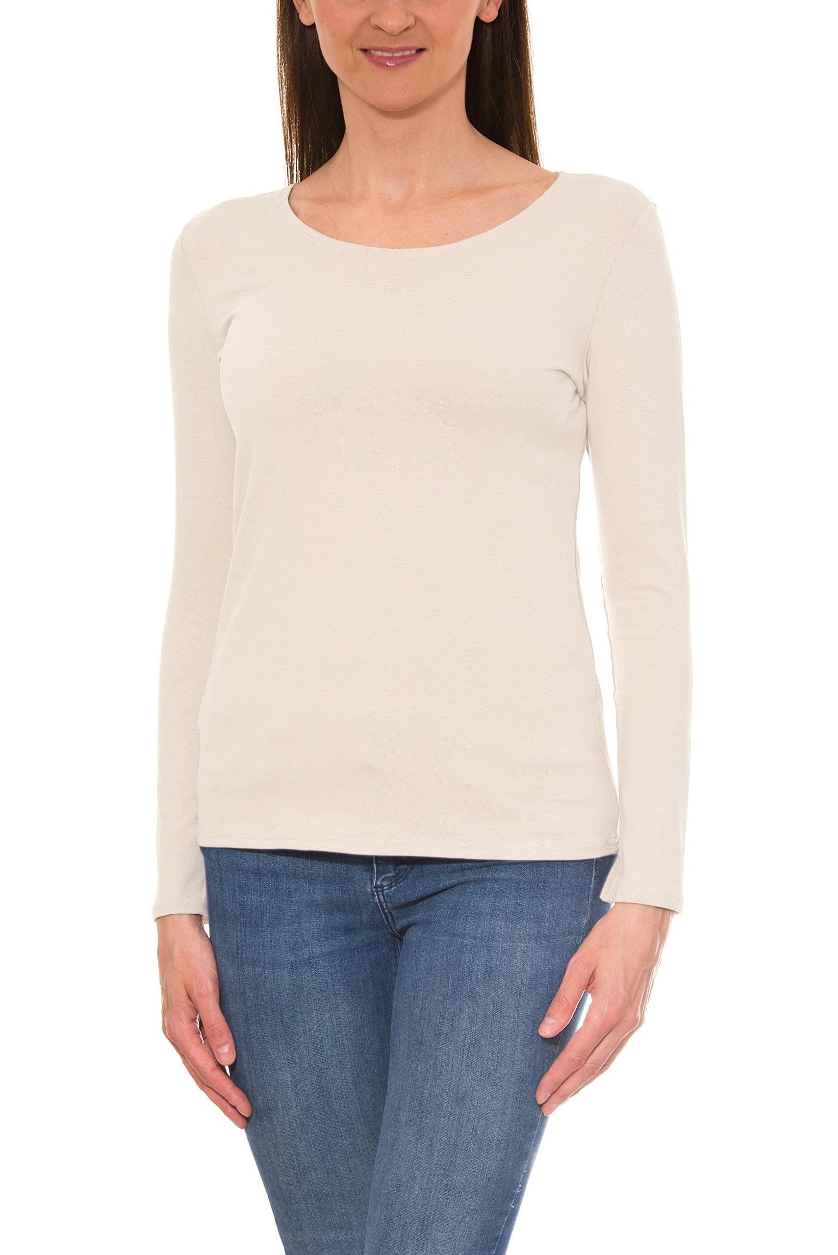 Alkato Women's Cream Long Sleeve Shirt Plain Top With Round Neck, L