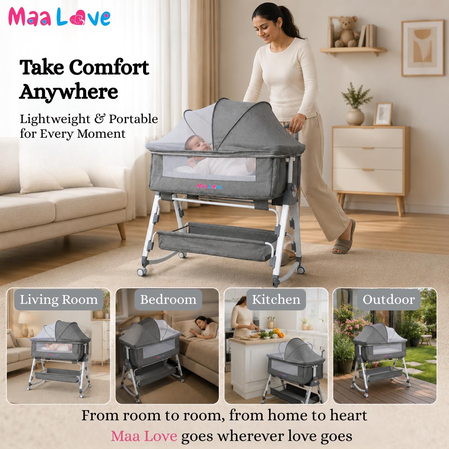 MaaLove Premium Bedside Crib for Baby with Rocking Bassinet for New Born with 4 Height Adjustable & Recline Baby Cot with Mosquito Net&Storage Box Bedside Cribs & Cots for 0 to 2 Years (Grey) 1