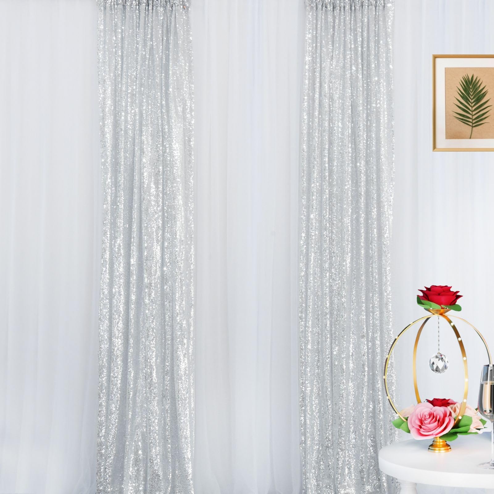 Lot de 2 rideaux à paillettes argentées pour décoration de fête de mariage 61 x 243 cm