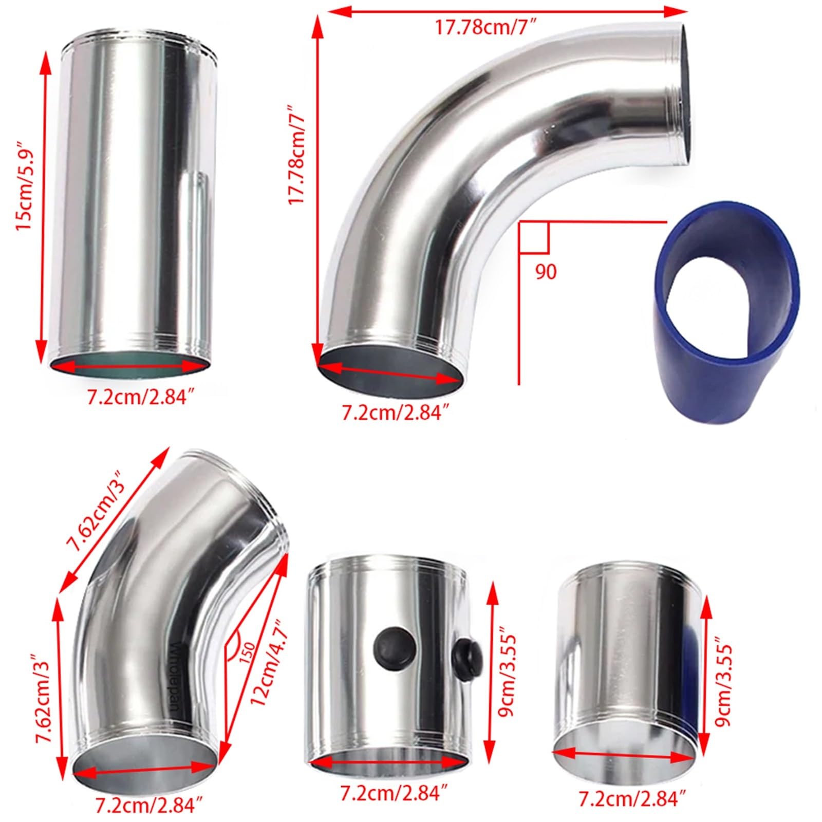 Kit de admisión aire frío Tubo de admisión aire universal 3" y 76 mm, kit tubo aleación aluminio, sistema inyección filtro frío directo turbo
