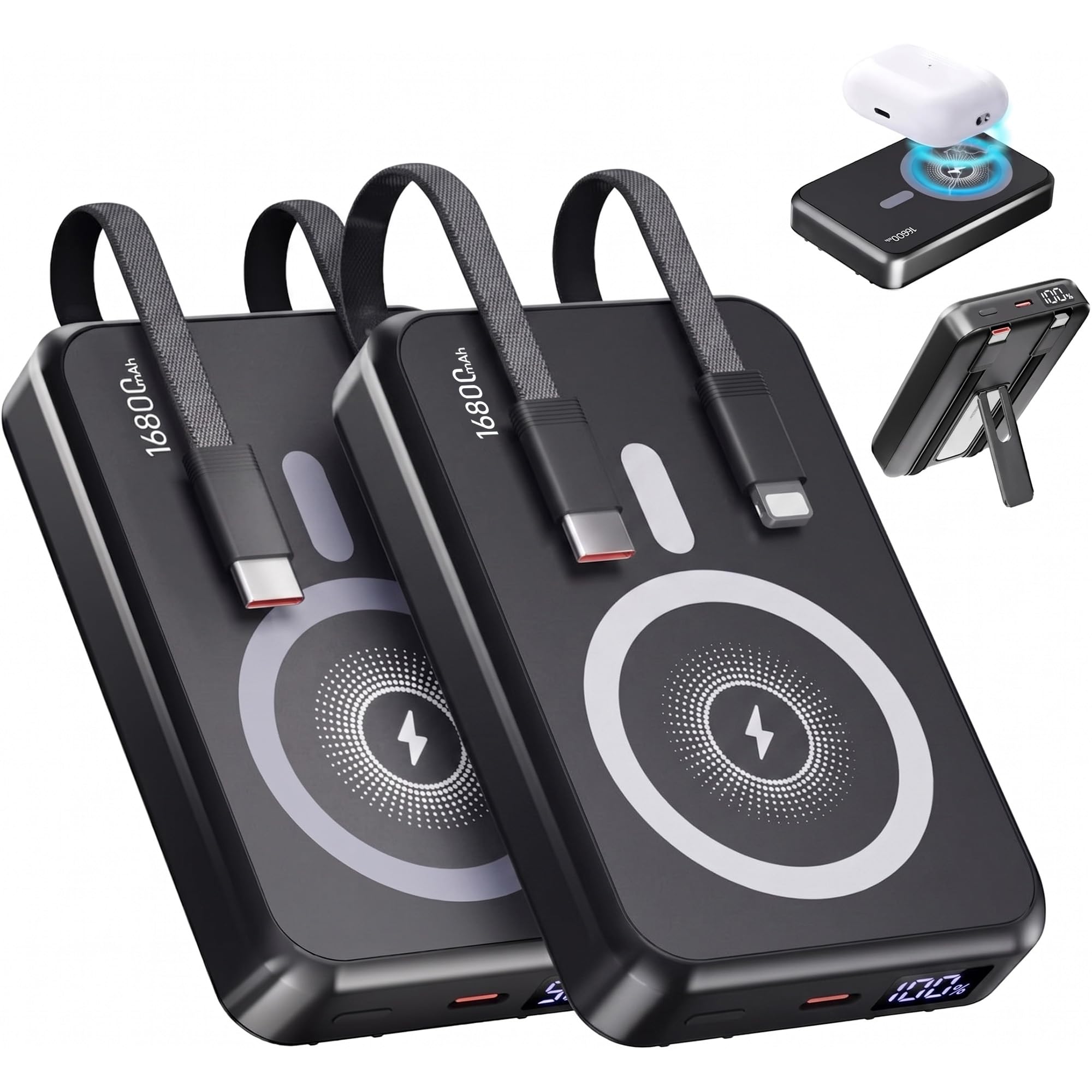 GUGOBOX 2-Pack 16800mAh Magnetic Power Bank with Built-in Cables & Stand | 22.5W PD & 15W Wireless Fast Charging, LED Display...
