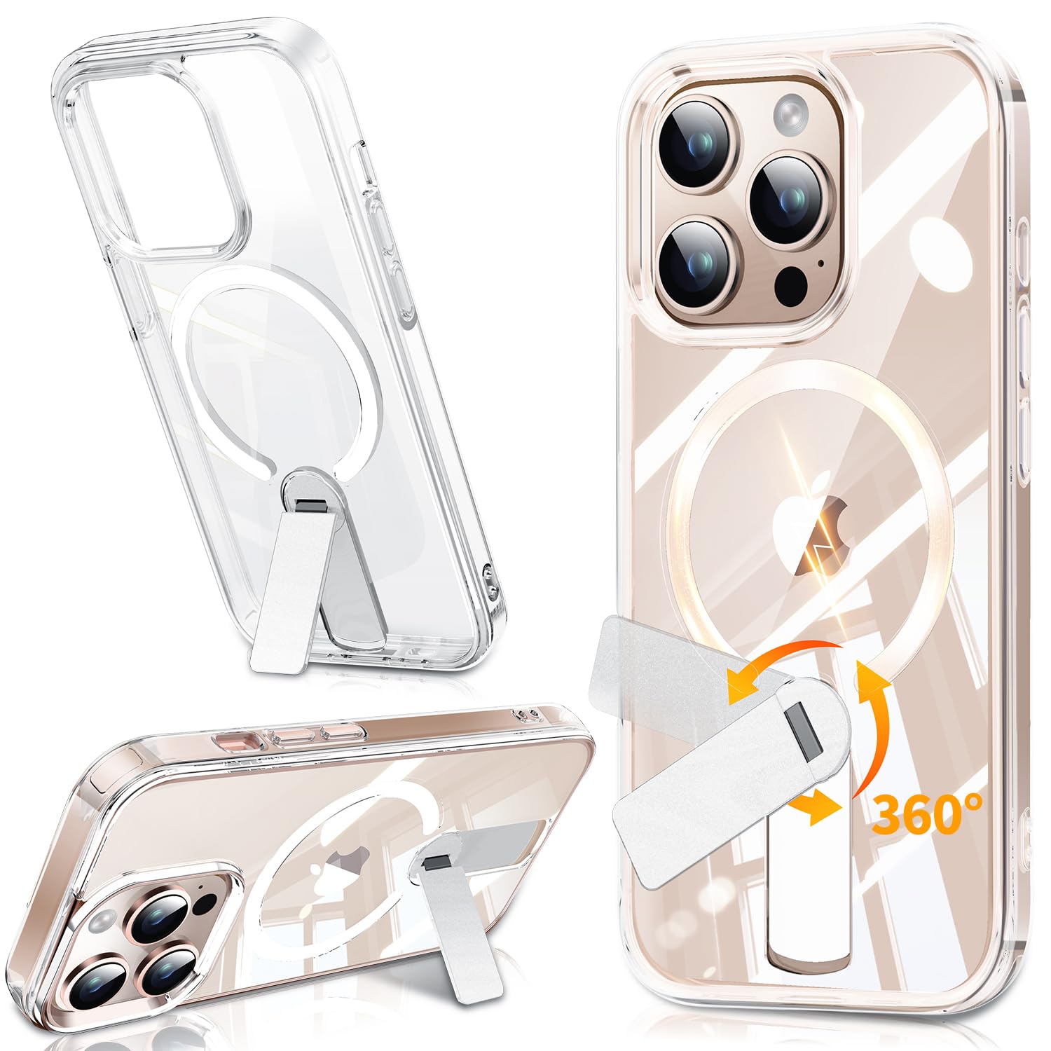 iPhone 14 Pro Max用 360°回転スタンド付きマグネットケース【調節可能なインビジブルキックスタンド】【MagSafe対応】【ミリタリー落下保護】耐衝撃・黄ばみ防止・クリア