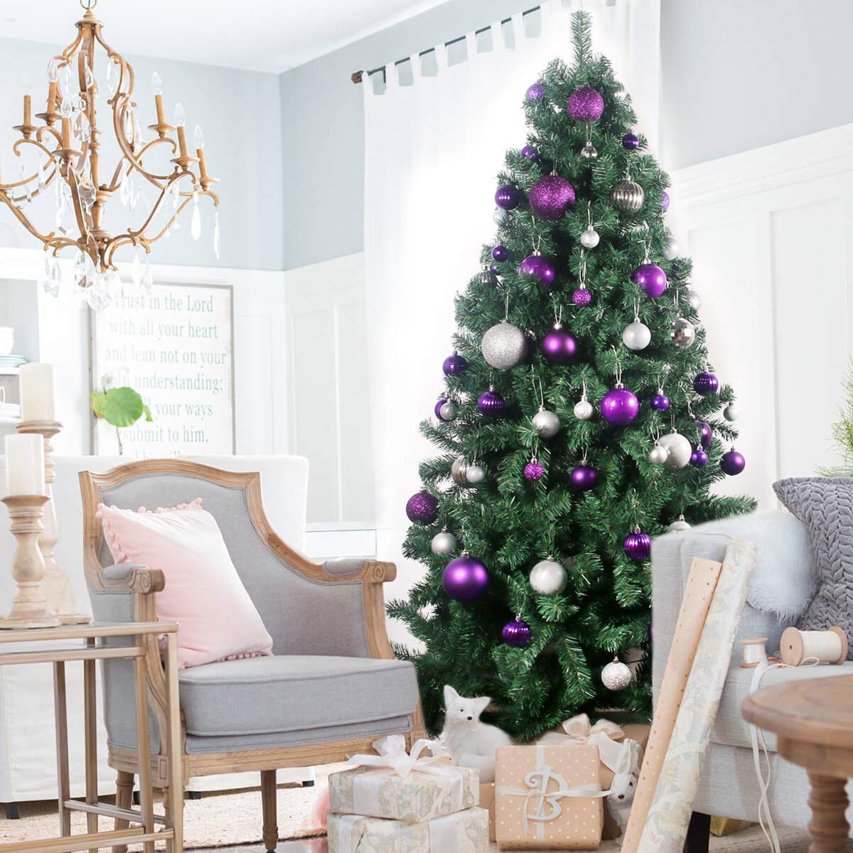 Lot de 36 boules de Noël violettes et argentées de 6,3 cm pour décoration de sapin de Noël incassables à suspendre pour la Saint Patrick, la Saint-Valentin, Pâques