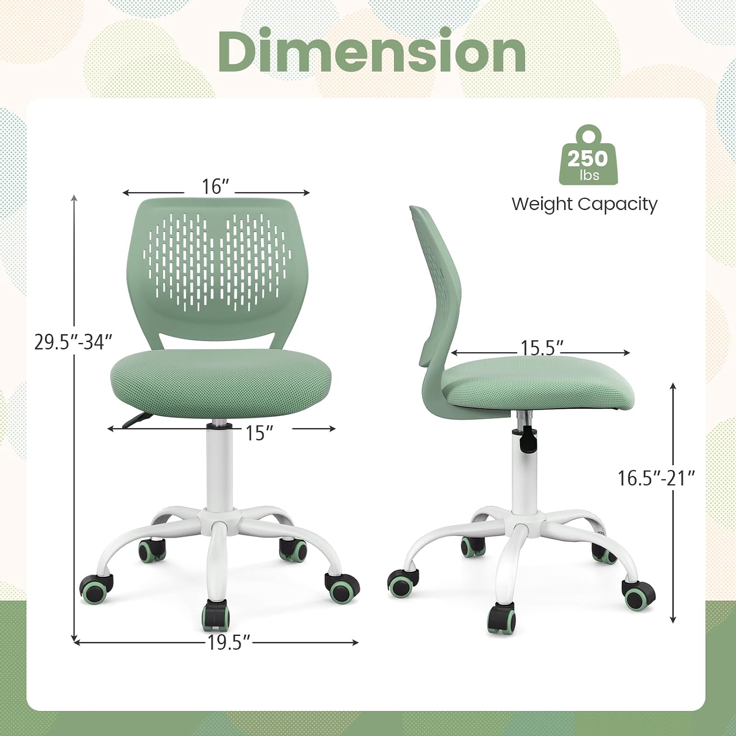 Giantex Kids Desk Chair, Children Armless Study Furniture with Adjustable Height, Ergonomic Kids Office Seat with Wheels, Rolling Swivel Mesh Task Chair for Girls Boys Teens (Sage)