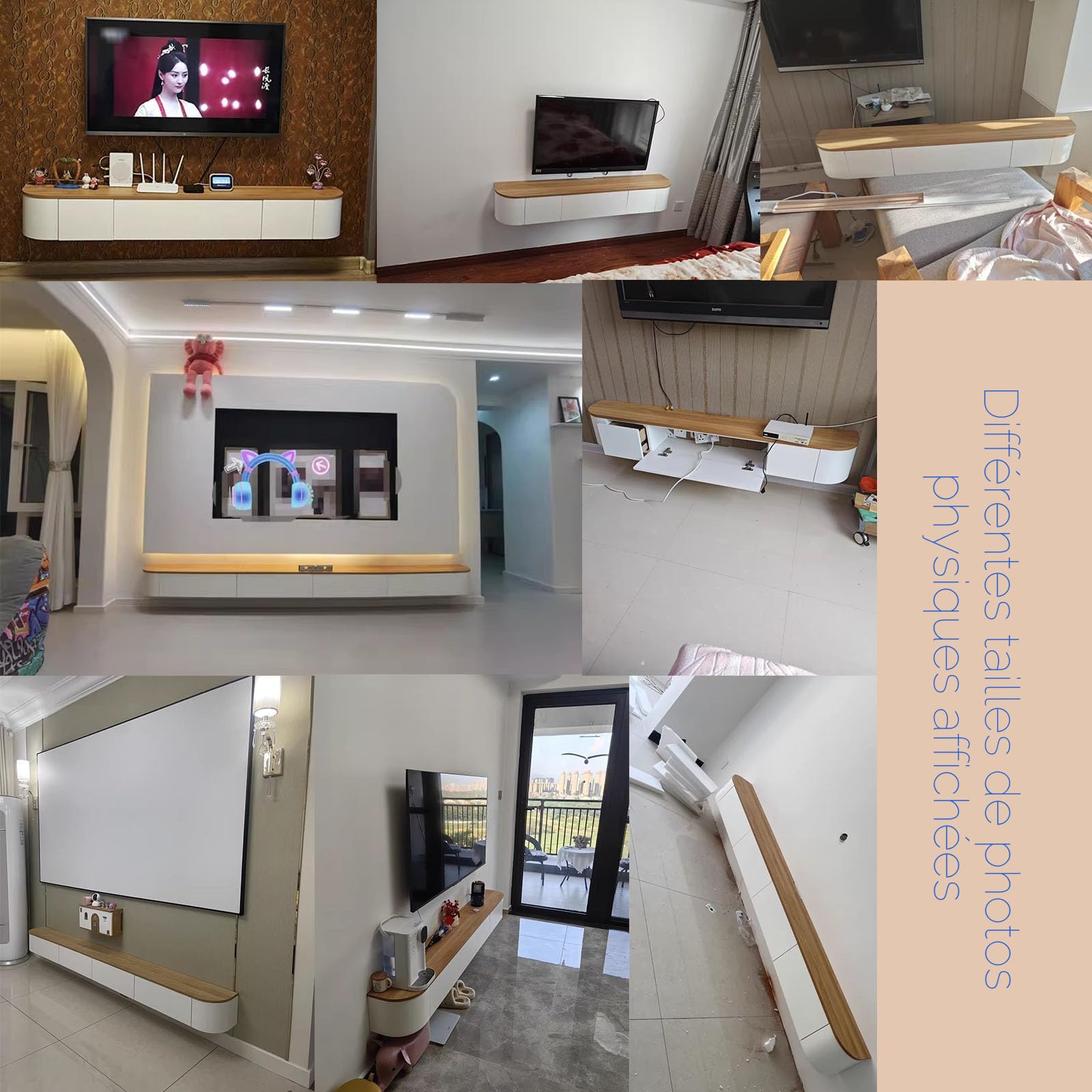 Meuble TV suspendu en bois massif pour salon, maison, table basse, support TV 140, 160, 180, 200, 220, 240 cm, plusieurs tailles (Blanc-Marron, 160 x 20 x 24 cm)
