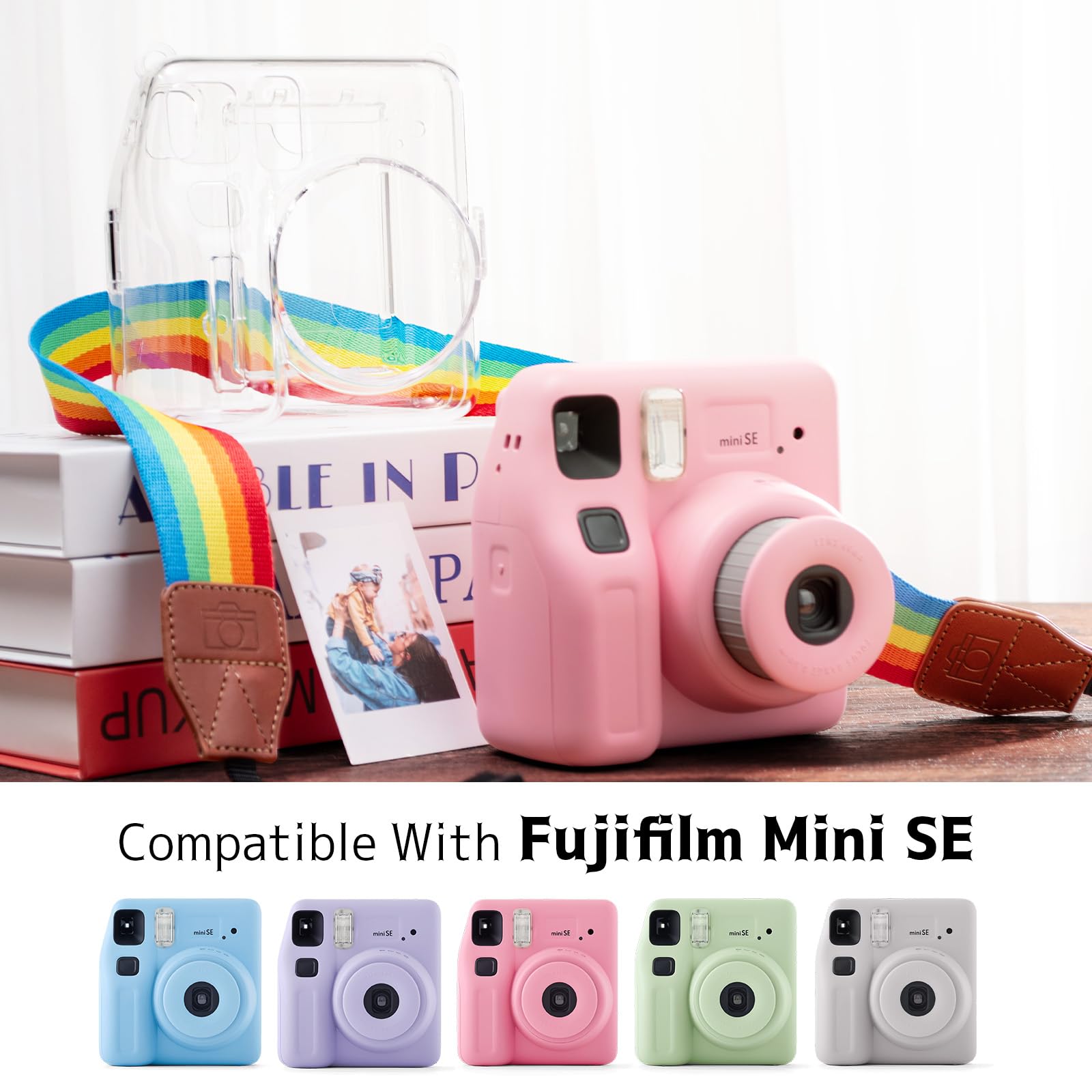 VOVMOEYA Clear Protective Case Compatible with Fujifilm Instax Mini SE,Carrying Case Bag for Fuji Instax Mini SE Instant Camera PC Cover with Photo Storage Pocket & Nylon Rainbow Strap - Image 2
