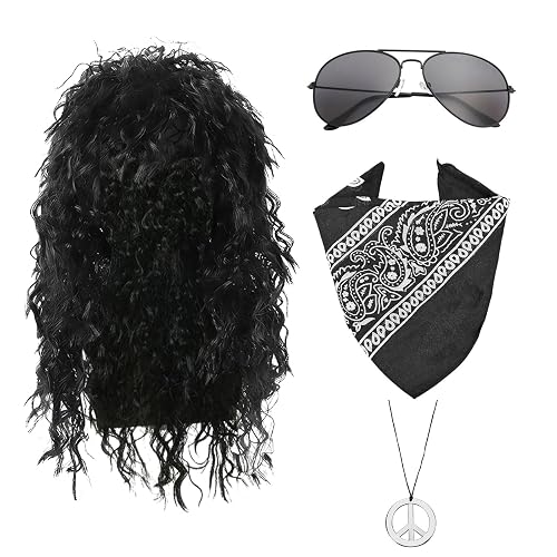 4 Piezas Set de Pelucas de Rock Accesorios, Peluca Larga Rizada Negra con Gafas de Sol