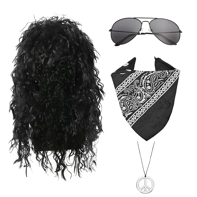 4 Piezas Set de Pelucas de Rock Accesorios, Peluca Larga Rizada Negra con Gafas de Sol