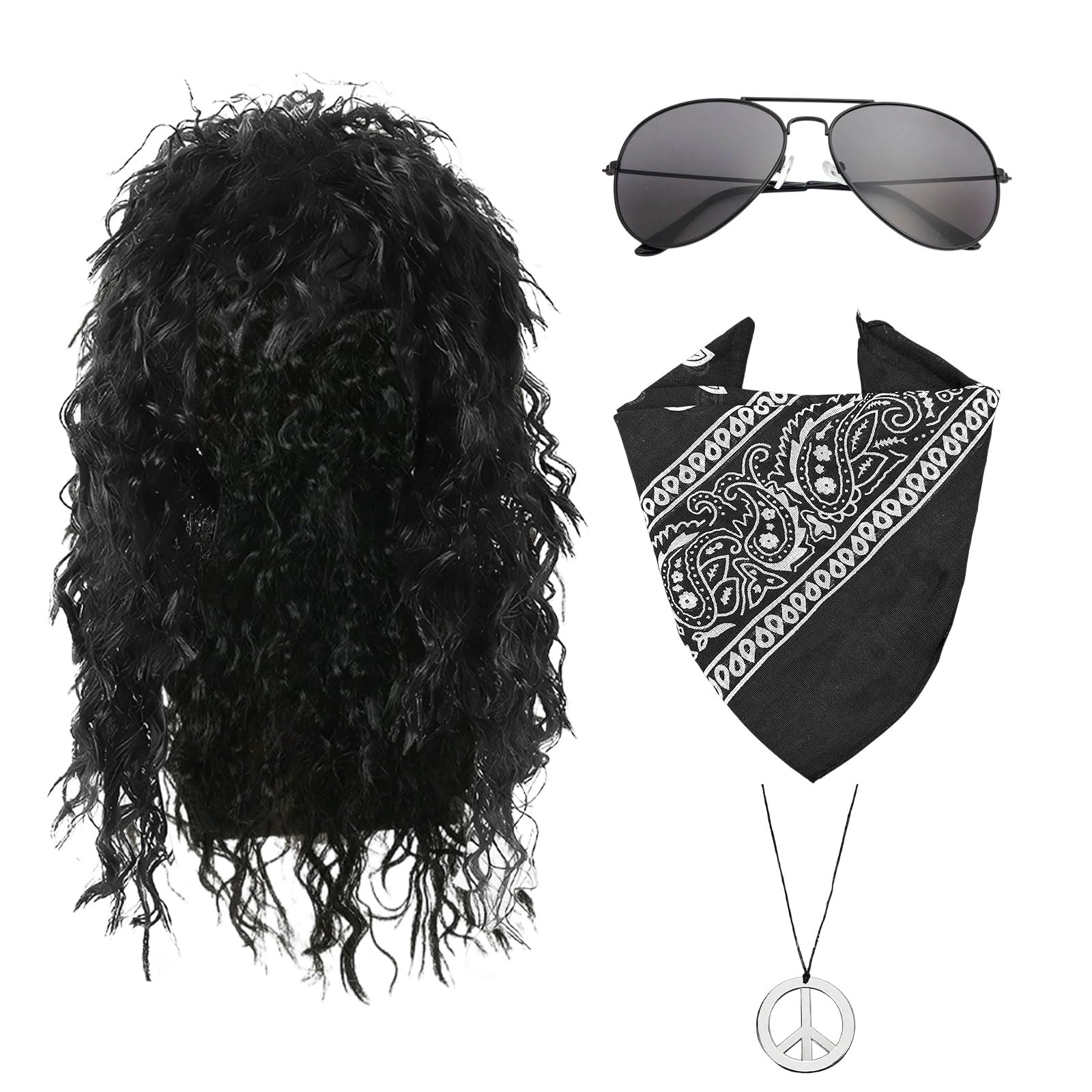 4Pcs Rocker Wig Set for Men Women, Long Curly Black Rock Star Wig with Sunglasses Bandana Peace Necklace, 70s 80s Disco Costume Accessories for Halloween Theme Party Carnival