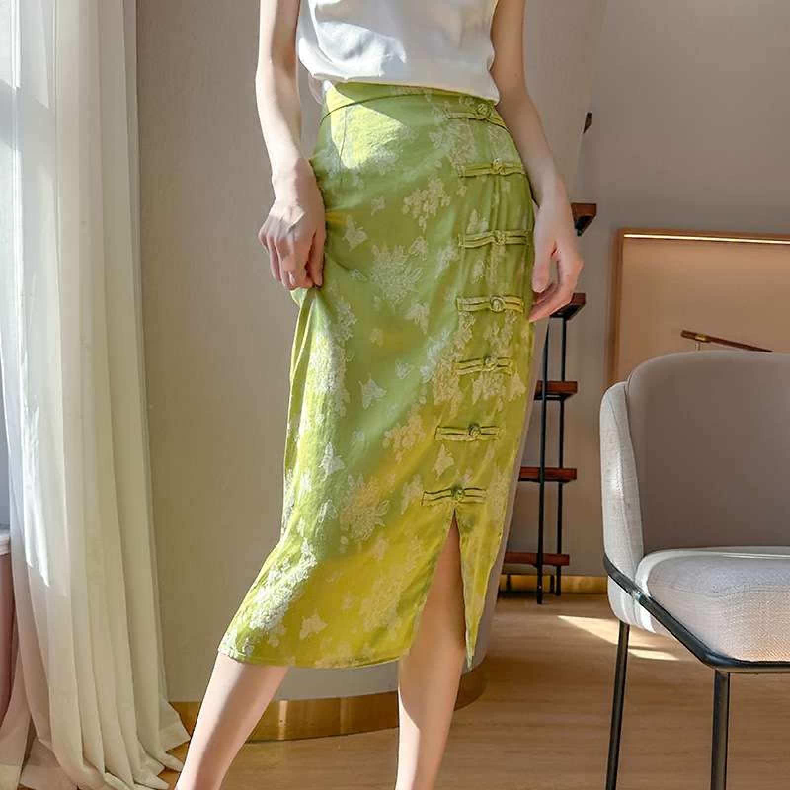 Jupe Droite en Satin De Soie pour Femme - Été Mi-Longue Taille Haute Jacquard Rétro Style Chinois Boucle Cheongsam Jupe Fendue À La Hanche, Jupe Drapée Souple Et Soyeuse À La Mode,Vert
