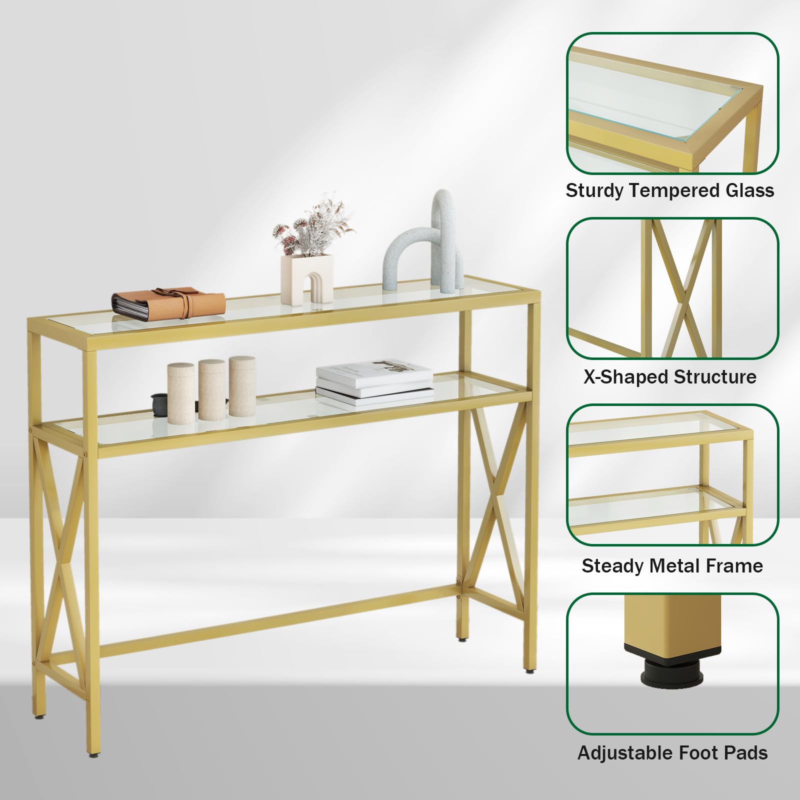YMYNY Konsolentisch, Gehärtetes Glas Sofa Tisch, Industrieller Eingangstisch für Flur, Schmaler Sofastisch mit Regalen, Kompakter Anzeigetisch für kleine Räume, 101×25×80.5CM Golden HGD007G
