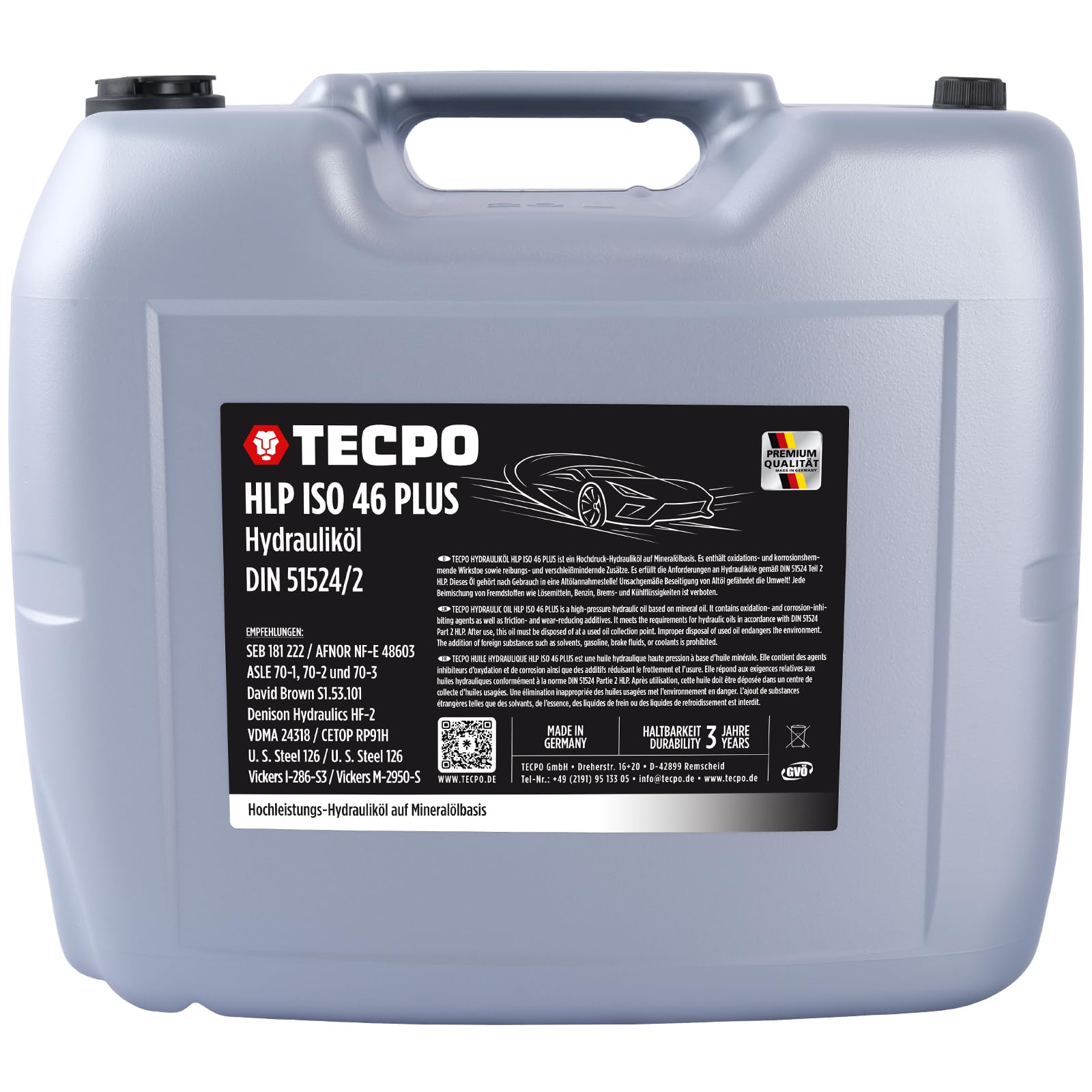 TECPO Aceite hidráulico 20 litros HLP 46 ISO VG viscosidad hidráulico fluido hidráulico fluido hidráulico para alta presión