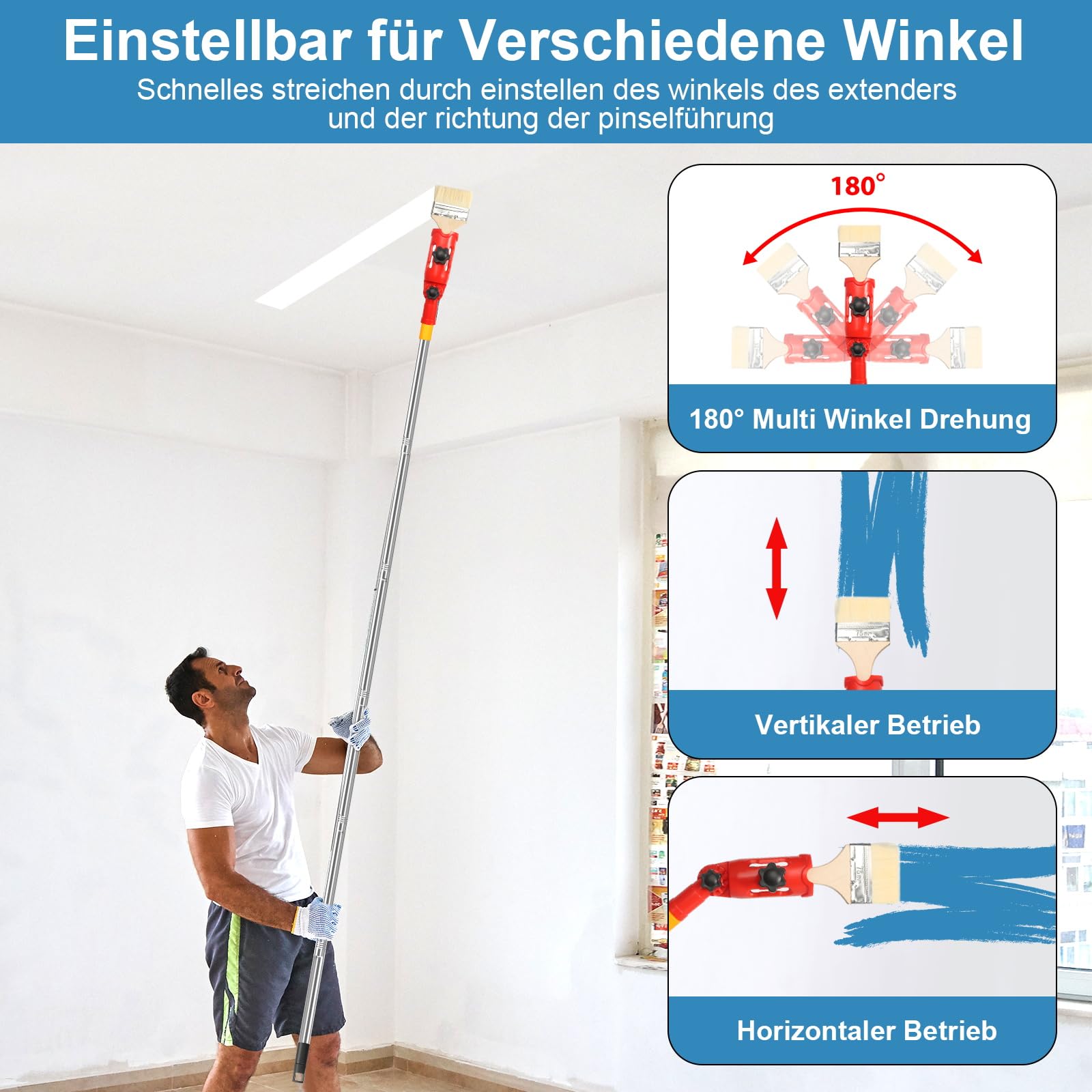 Mehrwinkel Pinsel Verlängerung Farbpinsel Verlängerung, 1.8M Multi Angle Paint Brush Extende, Einziehbare Farbroller Verlängerungsstange für Hohe Decken Wände Zier Und Eckenanstrichwerkzeug (Rot)
