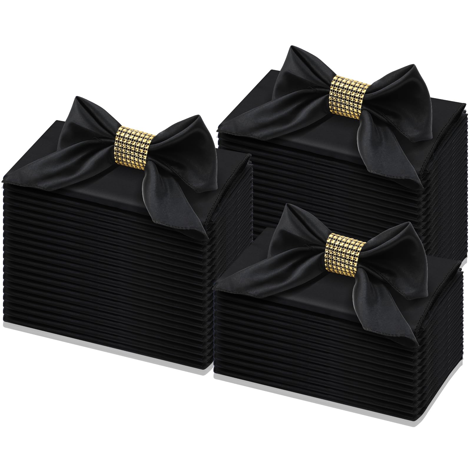 Photo 1 of 48 Pcs Satin Cloth Napkins Napkin Rings Set Square Table Napkin 17 x 17'' Napkins Cloth Washable for Wedding Bridal Shower Birthday Party Decor(Black, Gold)