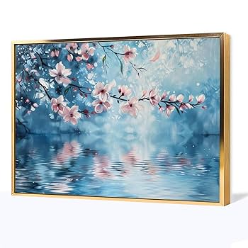 Amazon.co.jp: 絵画 湖に咲く桃の花の油絵 アートパネル