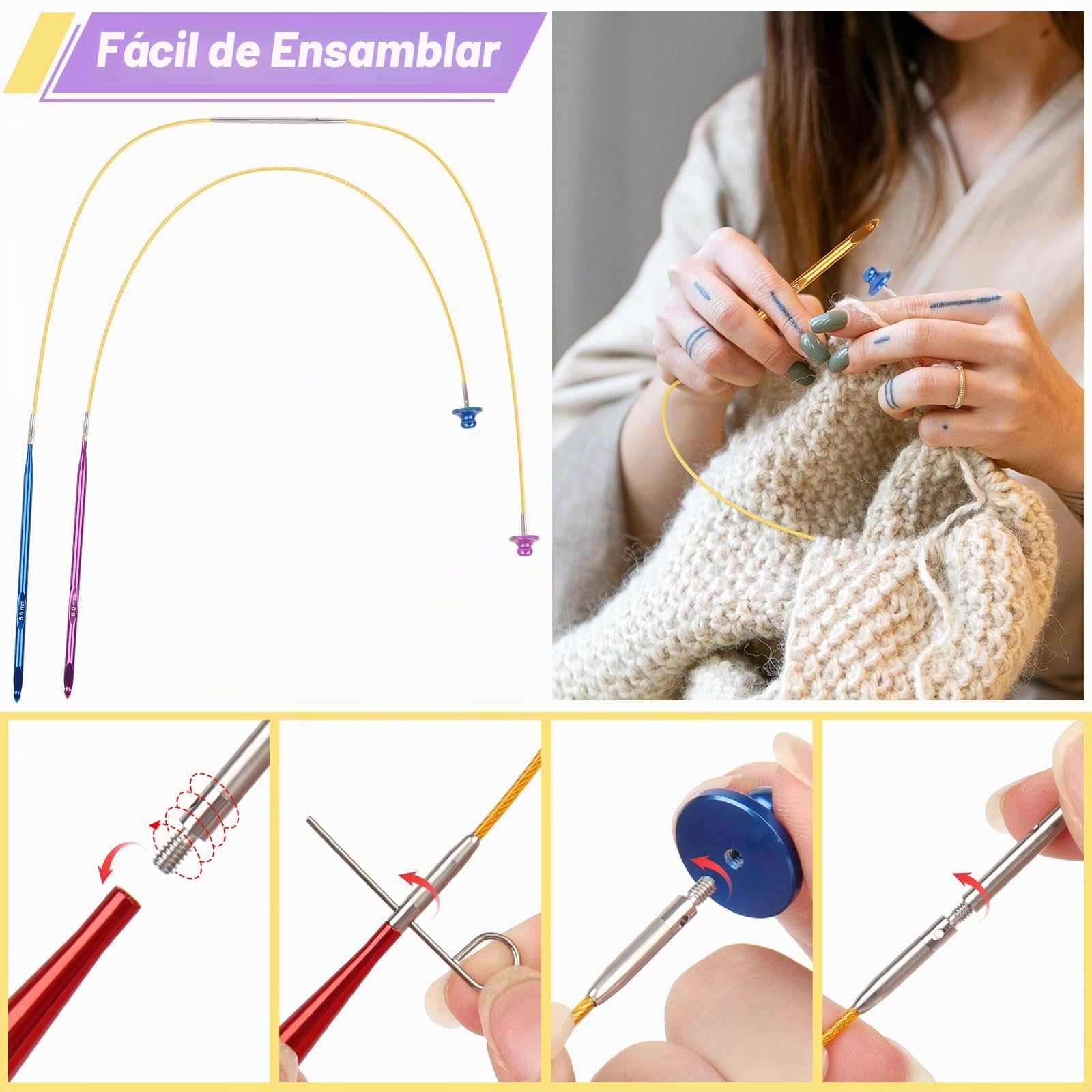Coopay Juego de ganchos de ganchillo tunecinos intercambiables, gancho de ganchillo tunecino de metal con cables, ganchos de ganchillo tunecinos extralargos de 3 a 10 mm, agujas de ganchillo