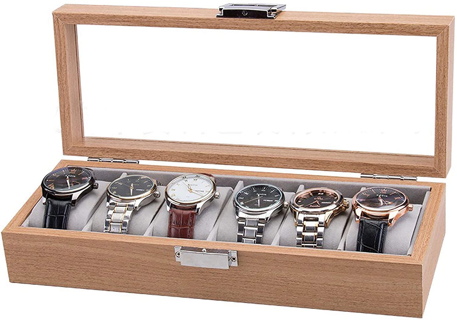 BucketList 6 Compartment Wooden Watch Box, Glass Lid Display Organizer for Men and Women, Metal Buckle (B0C1BPKKB6) Amazon Price History, Amazon Price Tracker
