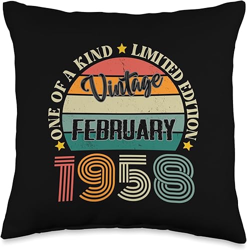 Vintage Birthday Retro Limited Edition Retro Gifts 66 Year Old Vintage February 1958 66th Birthday Retro Throw Pillow, 16x16, Multicolor