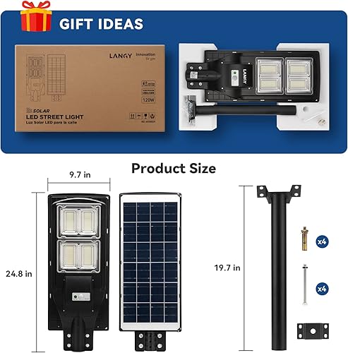 Miniatura 6 de Paquete de 4 farolas solares de 120 W para exteriores, lámpara de calle de 240 lúmenes altos con control de luz y sensor de movimiento PIR, luz de
