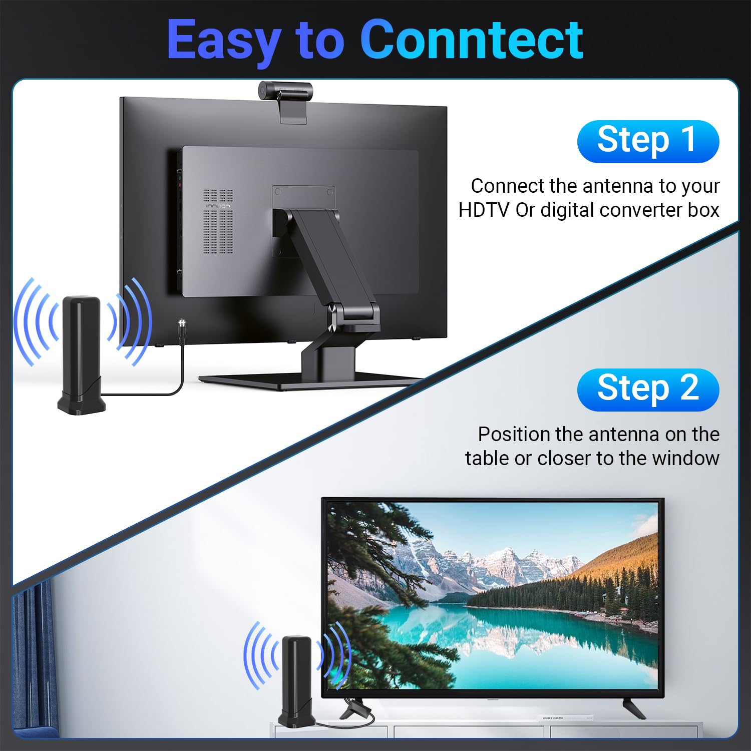 Antenne TV numérique pour Smart TV d'intérieur, antenne TV HD 2026 pour chaînes locales avec amplificateur de signal et base magnétique, antenne TV intérieure prend en charge 4K 1080p VHF UHF