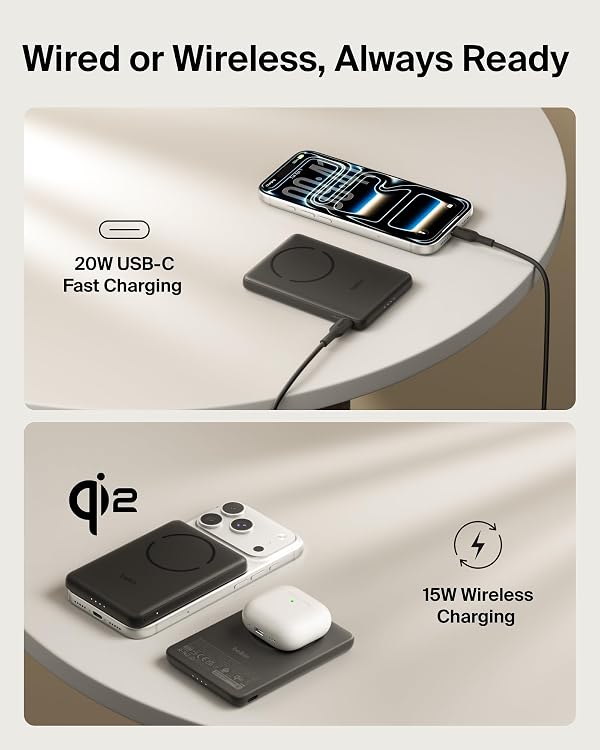 Belkin MagSafe Power Bank 5,000mAh, Ultra-Slim Qi2 15W Certified Magnetic Back Supports MagSafe Accessories On-the-Go, Wireless Battery Pack w/USB C Cable for iPhone 17, Pixel 10, Travel - Black by Belkin - Used condition - Image 4