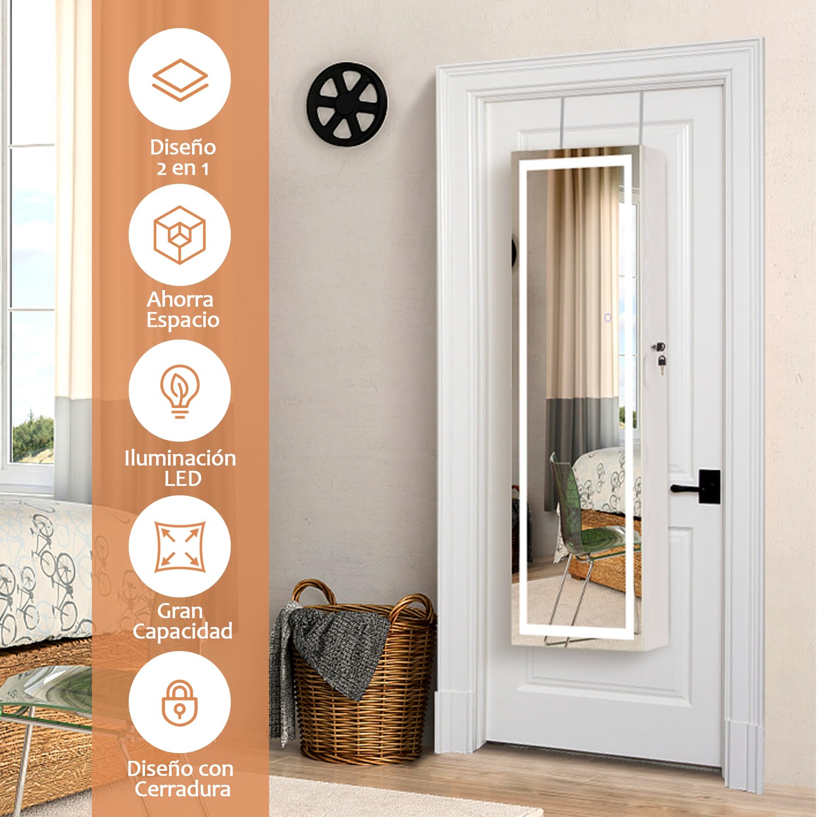 RELAX4LIFE Armario para Joyas de Pared con 2 Espejos y Luz LED Táctil, 40x12,5x120cm (Blanco)