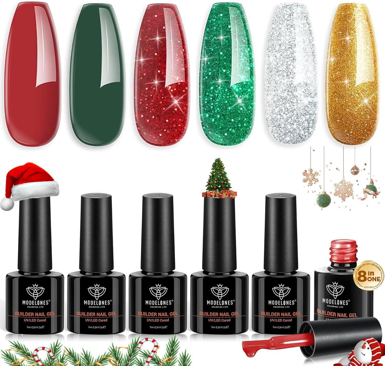 modelones 6 Pcs Gel Uñas, Builder Gel 8-in-ONE, Rojo Verde Esmaltes Semipermanentes para Uñas, Base Rubber, Reparación, Gel para Extensión de Uñas para Principiantes y Profesionales Navidad