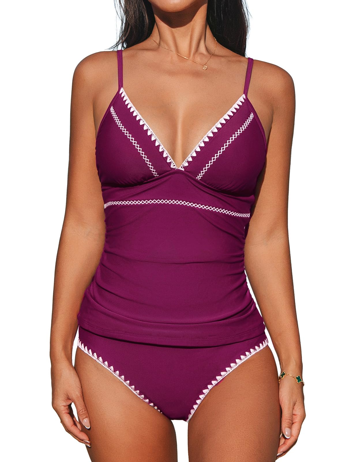 CUPSHE Women's Tankini Sets Two Piece Swimsuit V Neck Ruched Shell Stitched Bathing Suit Spaghetti Adjustable Straps