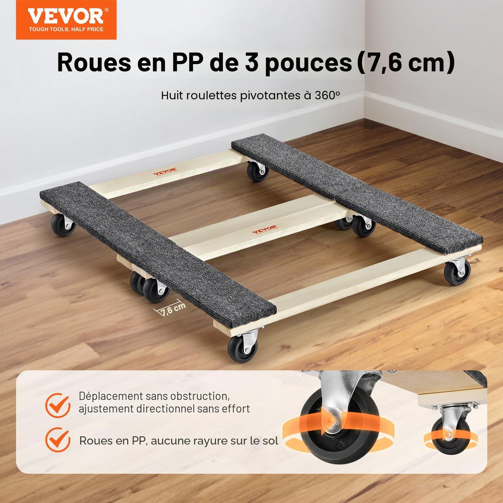 VEVOR Chariot de Déménagement 2PCS Déplace Meubles en Bois Capacité de Charge 454 kg Chacun 762x457,2x130 mm avec 4 Roues Pivotantes en PP Robustes Déménageur Manutention Portable pour Meubles Lourds