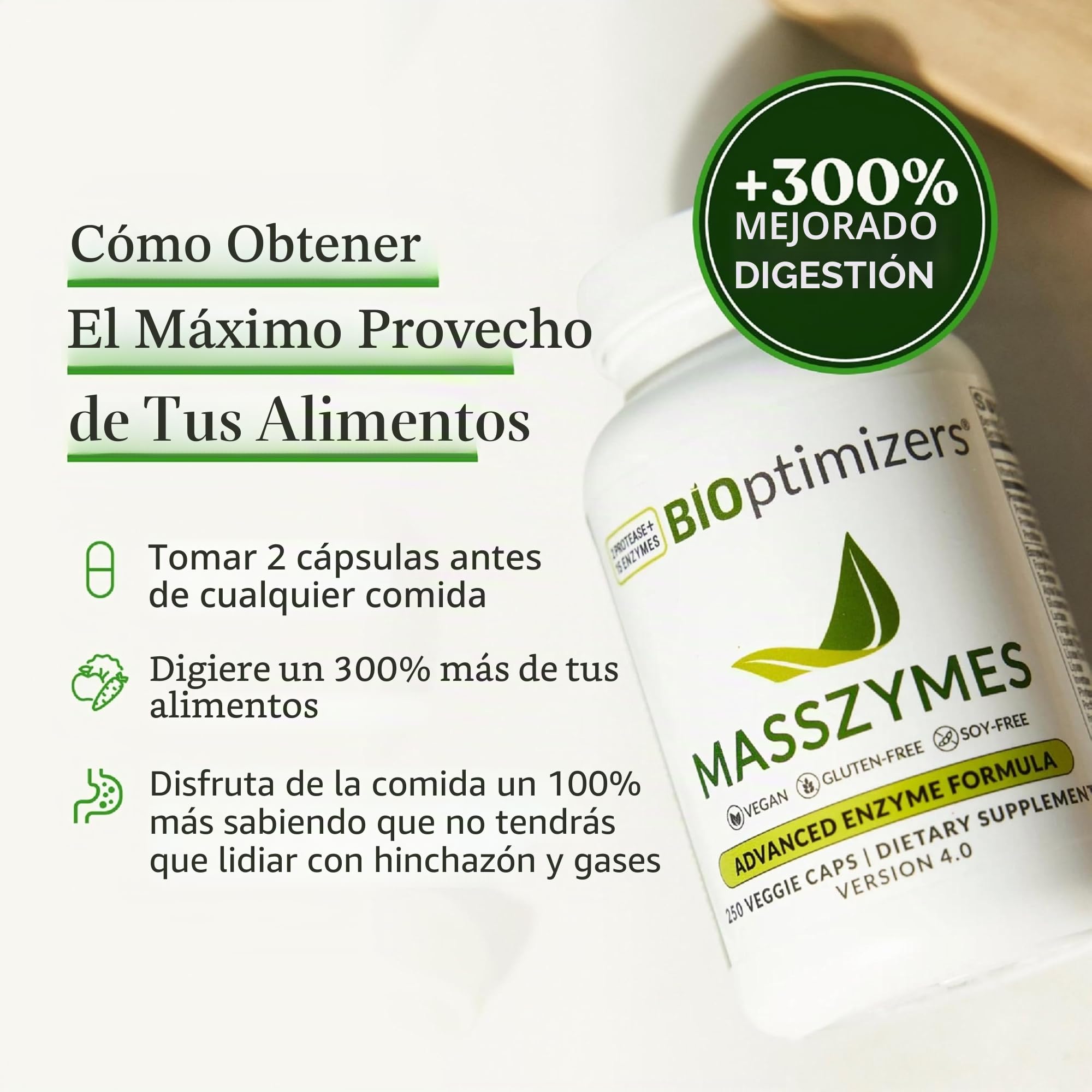 BiOptimizers Masszymes | Suplemento De Enzimas Digestivas Para Una Mejor Absorción | Alivio De La Hinchazón, Estreñimiento Y Gases | Contiene Lipasa, Amilasa Y Bromelina | 250 Cápsulas