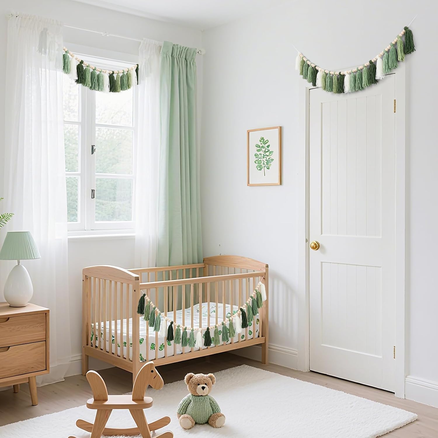3 Pcs Green Boho Yarn Tassel Garlands Sage Green Wall Hanging Decoration with Wood Beads Neutral Woodland Forest Party Tassel Banner for Nursery Classroom Room Dorm Birthday Baby Shower Deco