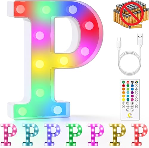 Miniatura 24 de mooncow Letras iluminadas recargables, letras de marquesina duraderas, luz nocturna inicial colorida para niños con control remoto, luces LED