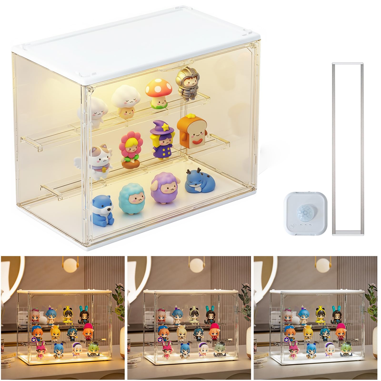 eYotto 1 PACK Acrylic Display Case with Sensor Light for Collectibles, Clear Stackable Box with 3 Light Colors (Warm/Natural/Cool White) & 3 Modes, Magnetic Door for Figures