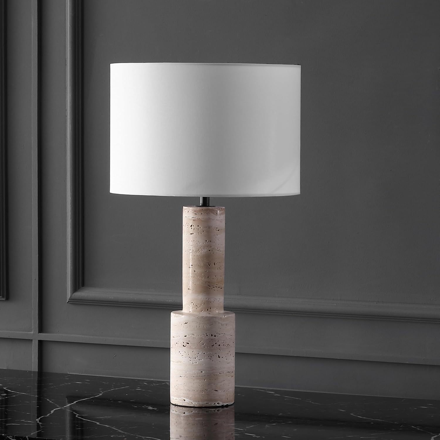 SAFAVIEH Couture Lighting Collection Tywin Travertine/White 27-inch Dimmable Table Lamp for Bedroom Living Room Home Office Desk Nightstand (LED Bulb Included)