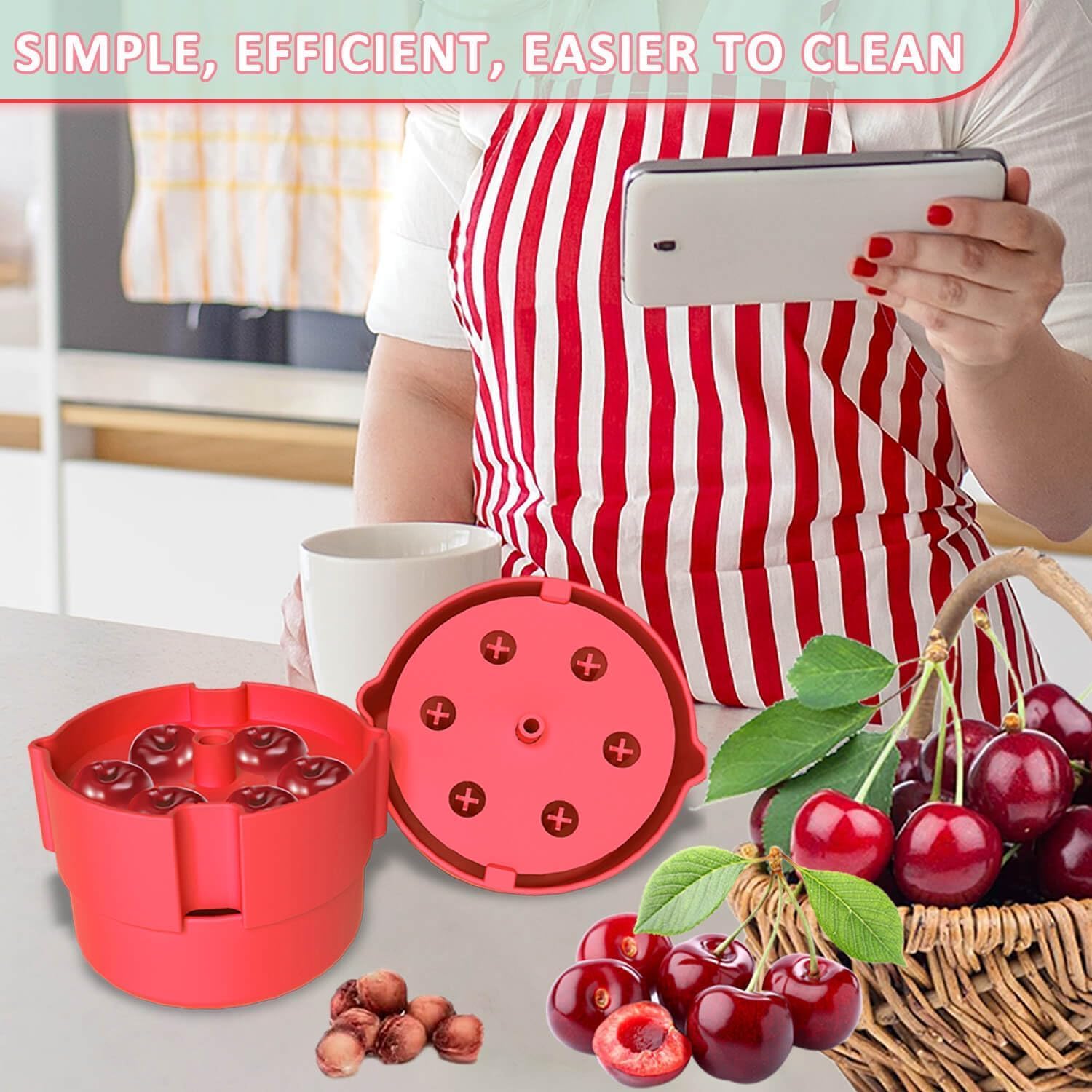Kirschentkerner Cherry Stoner Pitter, Multi-Kirschkernentferner, Entsteiner Kirschen Kirschentsteiner Griff 6 Entkerner Kirschen Pitter mit Einfach Squeeze Rot