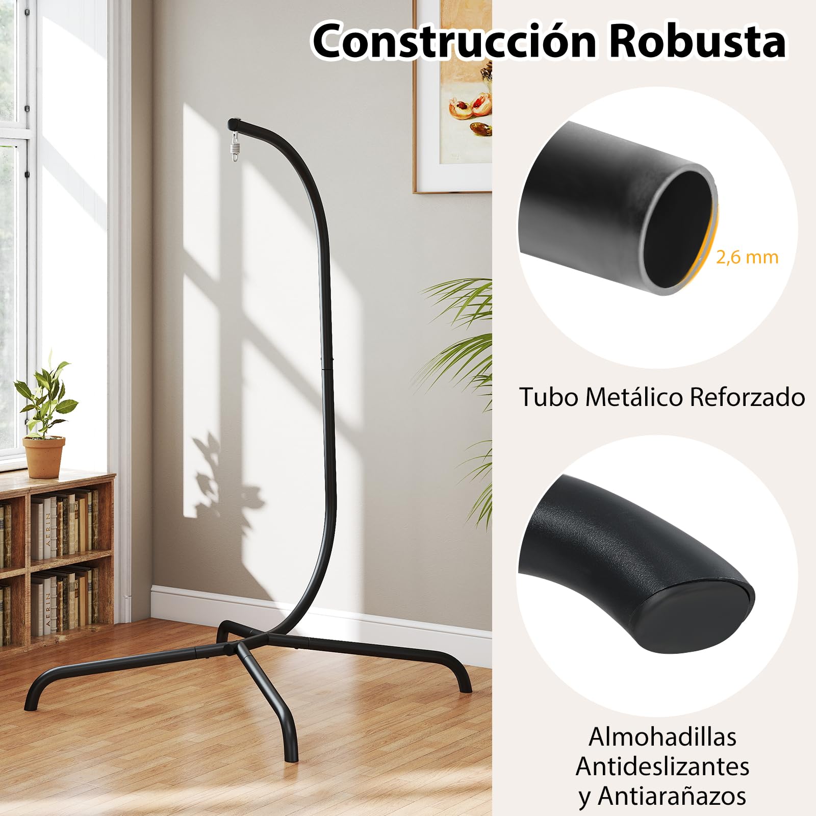 COSTWAY Soporte Silla Colgante, Estructura de Metal, Soporte Hamaca en Forma de C, Gancho de Resorte y Rotación de 360°, Carga 180kg, Interiores Exteriores