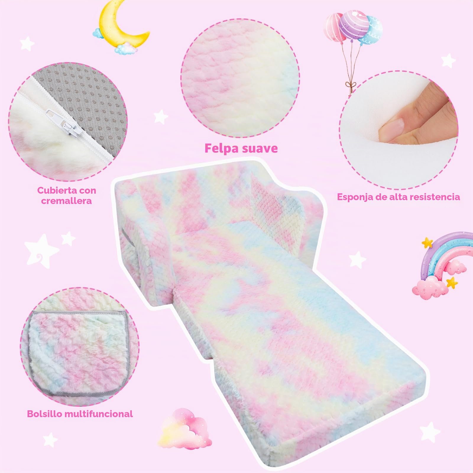decalsweet Sofás Plegables para Niños Sillón con Almohada Estelar 2 en 1, Sillón Infantil Cómoda Estable con Bolsillo de Tela, Sofá Cama Asiento para Bebé para Dormitorio Salón,Textura Rosa