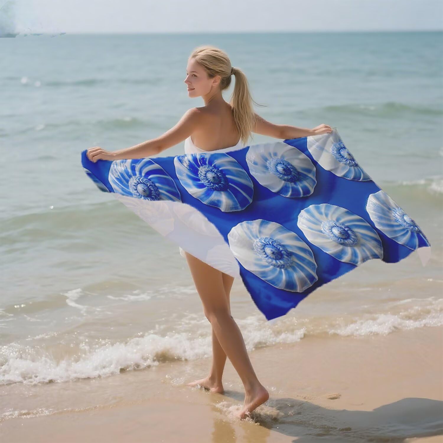 Toalla Playa Microfibra 150x200 Caparazón Diseño Absorbente Sin Arena Toalla Playa, con Cuerda Elástica, Ligero, Hombre, Mujer Ideal Toallas de Baño, Aplicable Gimnasio,Viajes, Natación, Azul p-422