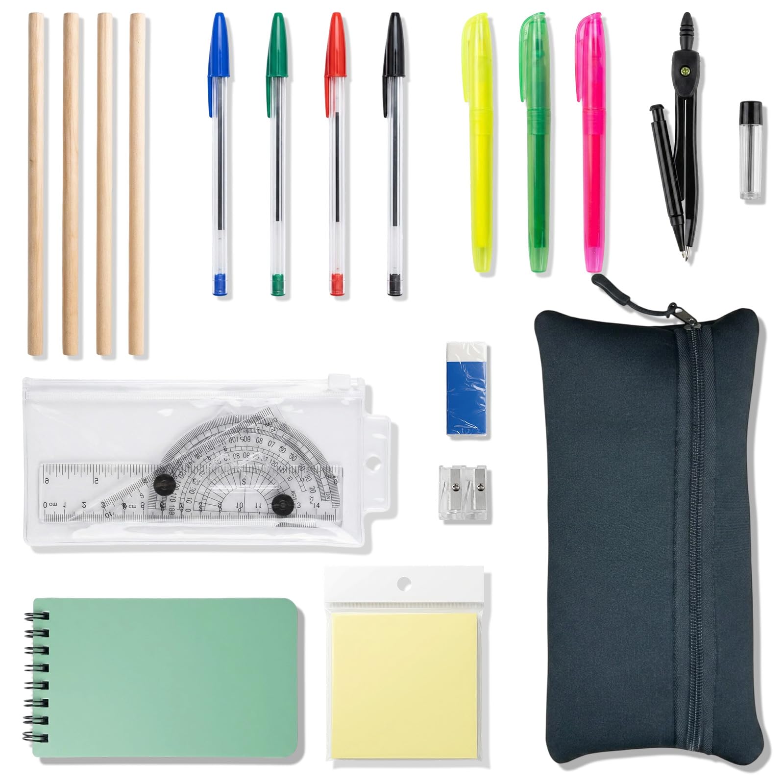 LinCoo 18 Pcs Secondary School Stationery Set, Filled Pencil Case with Stationery Included, Maths Sets for Secondary School, Back to School Mathematical Ruler Set for Office and Home