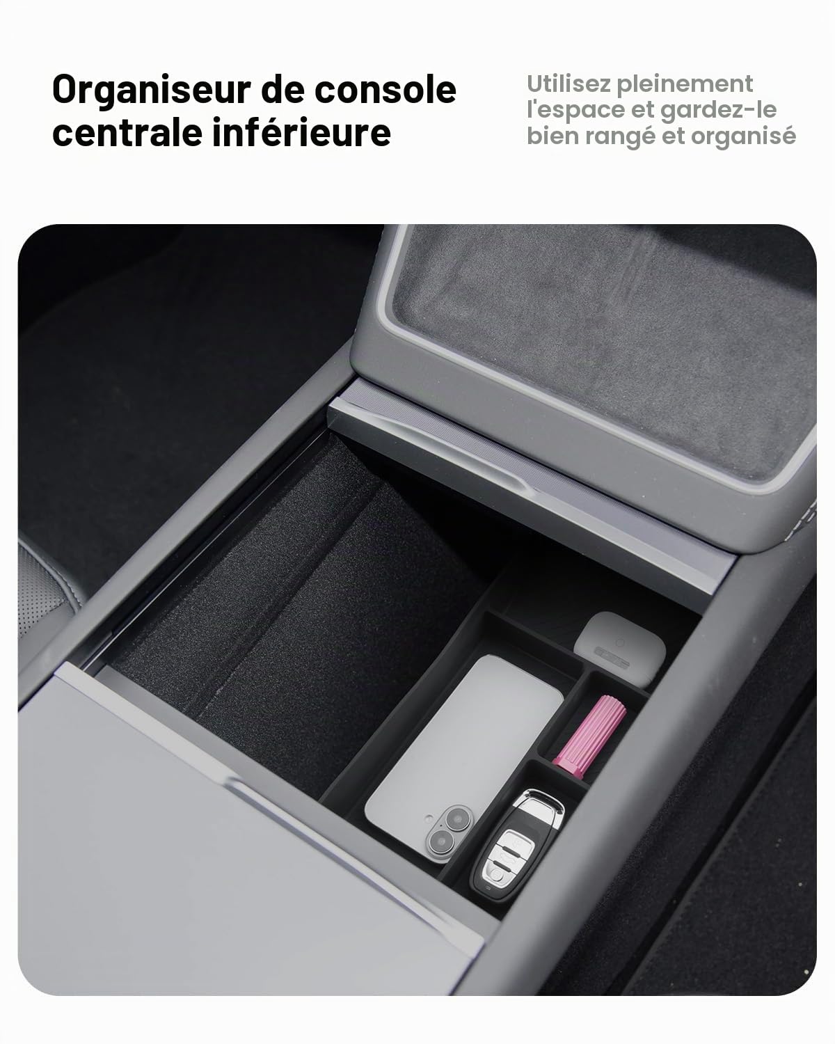 4PCS Organiseur Console Centrale Tesla Model Y 2025 2026Juniper organiseur accoudoir voiture, Boîte de rangement dissimulée, Plateau d'accoudoir(floqué), silencieux et antidérapant Accessoires Model Y