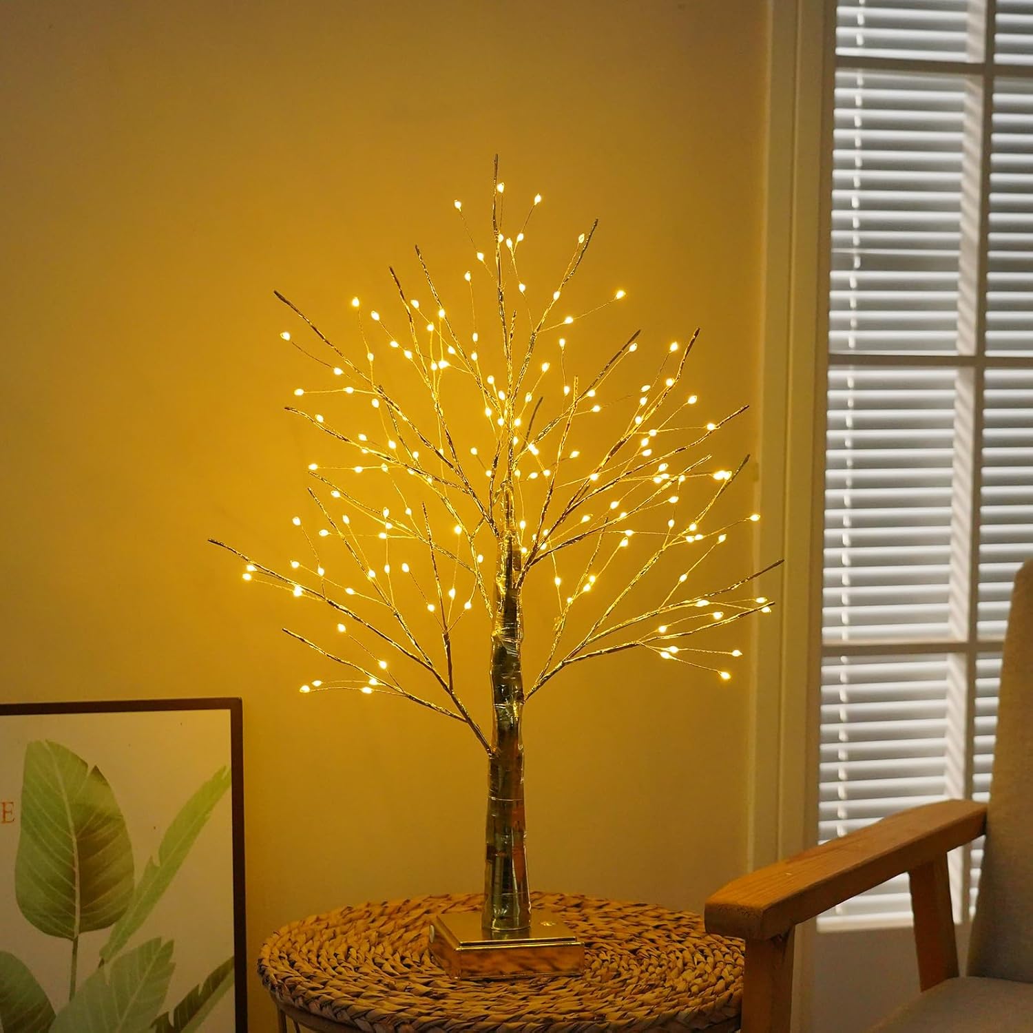 144 LED Artificial Tree Lamp with Timer, DIY Birch Tree with LED Lights, Lighted up Tree Lamp USB/3 AA Battery Powered, Fairy Light Spirit Tree for Table Home Wedding Bedroom Christmas (Gold) - Image 3