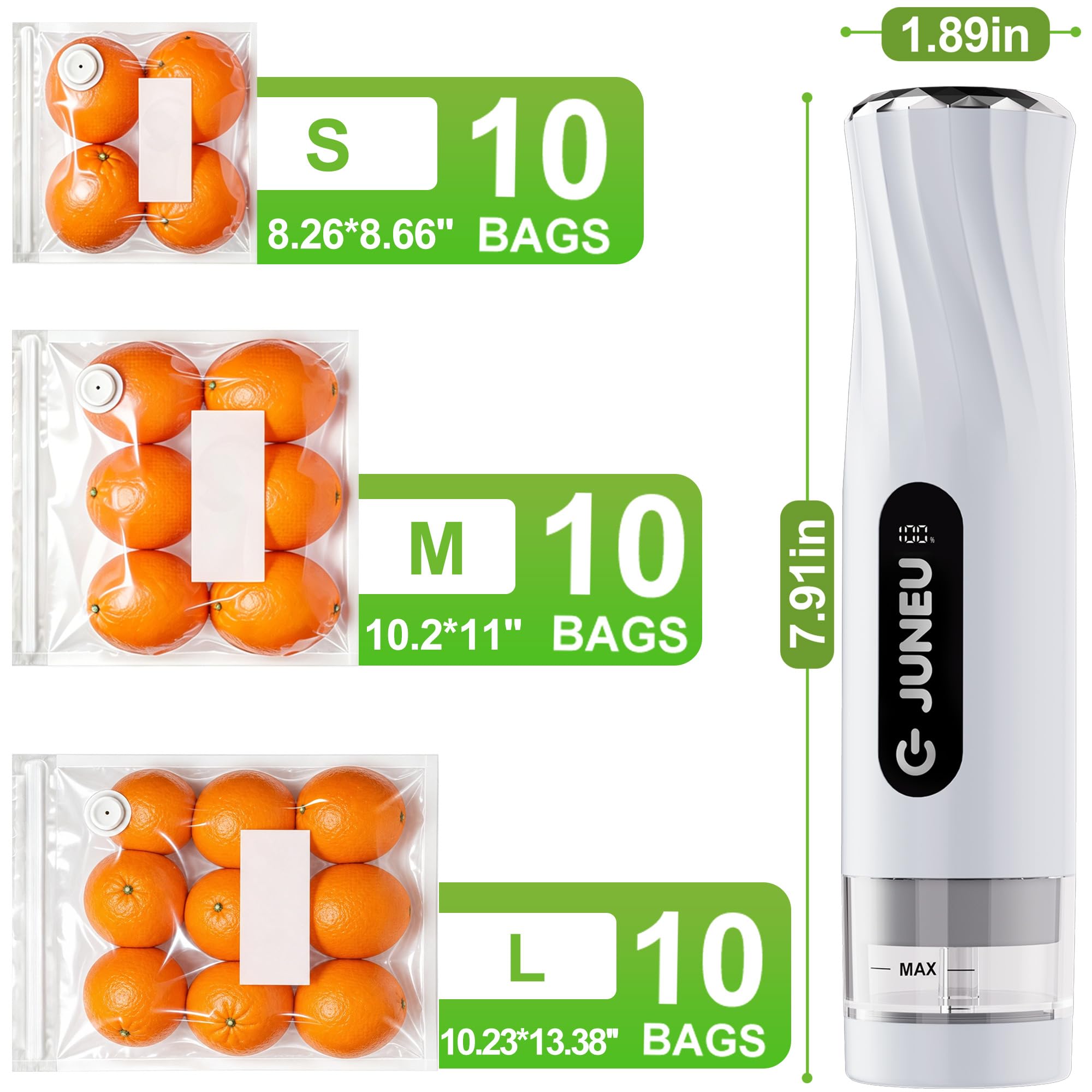 JUNEU Sigillatrice sottovuoto compatta per alimenti + 30 sacchetti sottovuoto riutilizzabili, macchina per sottovuoto portatile, doppia compatibilità, display LED, rilevamento ingresso liquidi