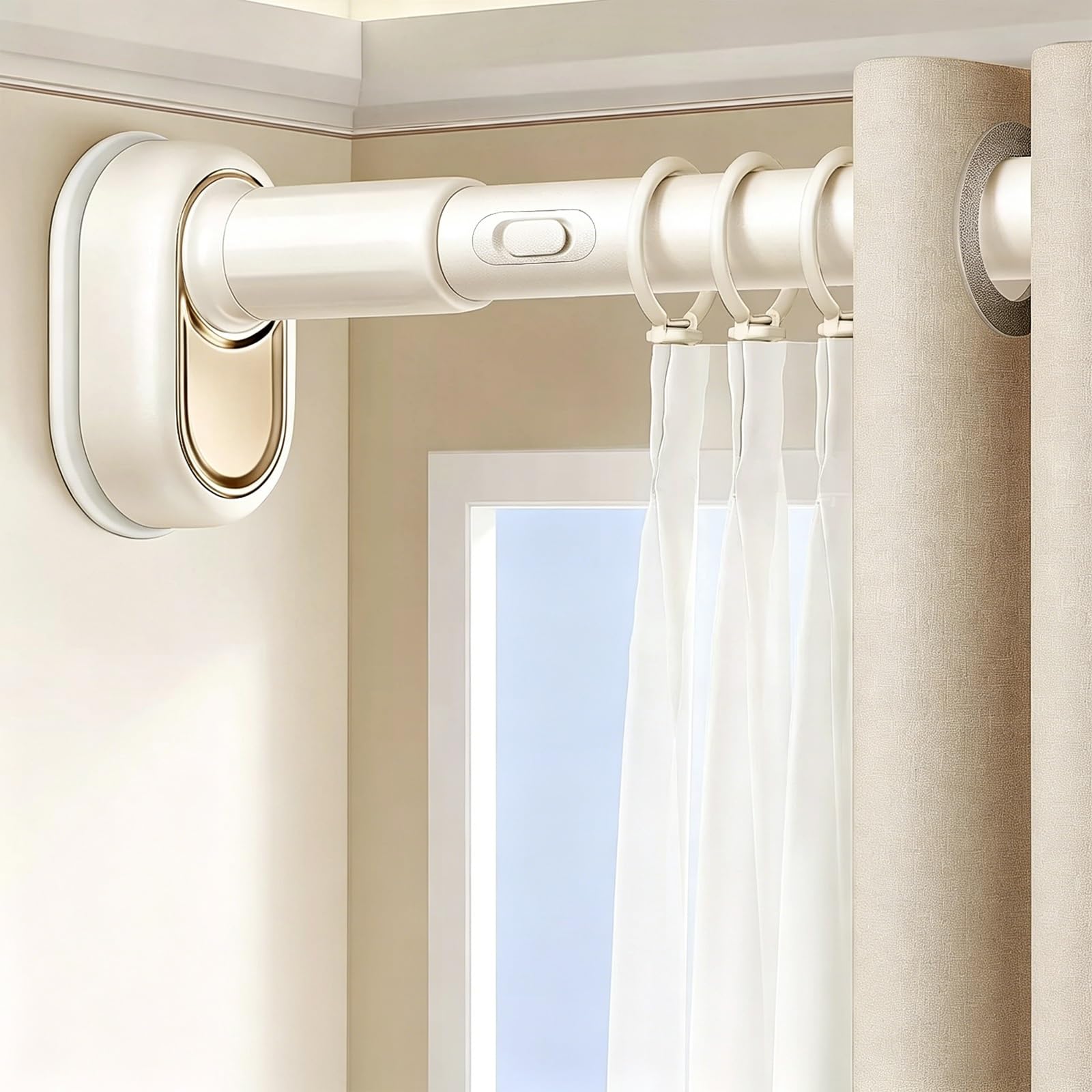 Tension Curtain Rod, 1.3" Diameter Tension Rod, 30" to 193" Adjustable, No Drill Anti Slip, Smooth Glide for Windows Bathrooms(Beige,100-170cm/39-67in)