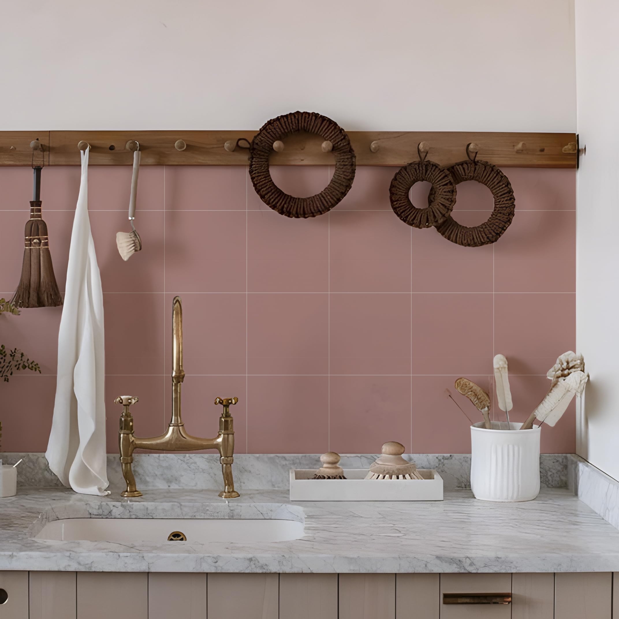 Alwayspon Pink Self-Adhesive Vinyl Floor Wall Tile Stickers, 10Pcs 15cm/6inch Peel and Stick on Tiles Transfer Vinyl Flooring Waterproof Splashback for Kitchen Bathroom