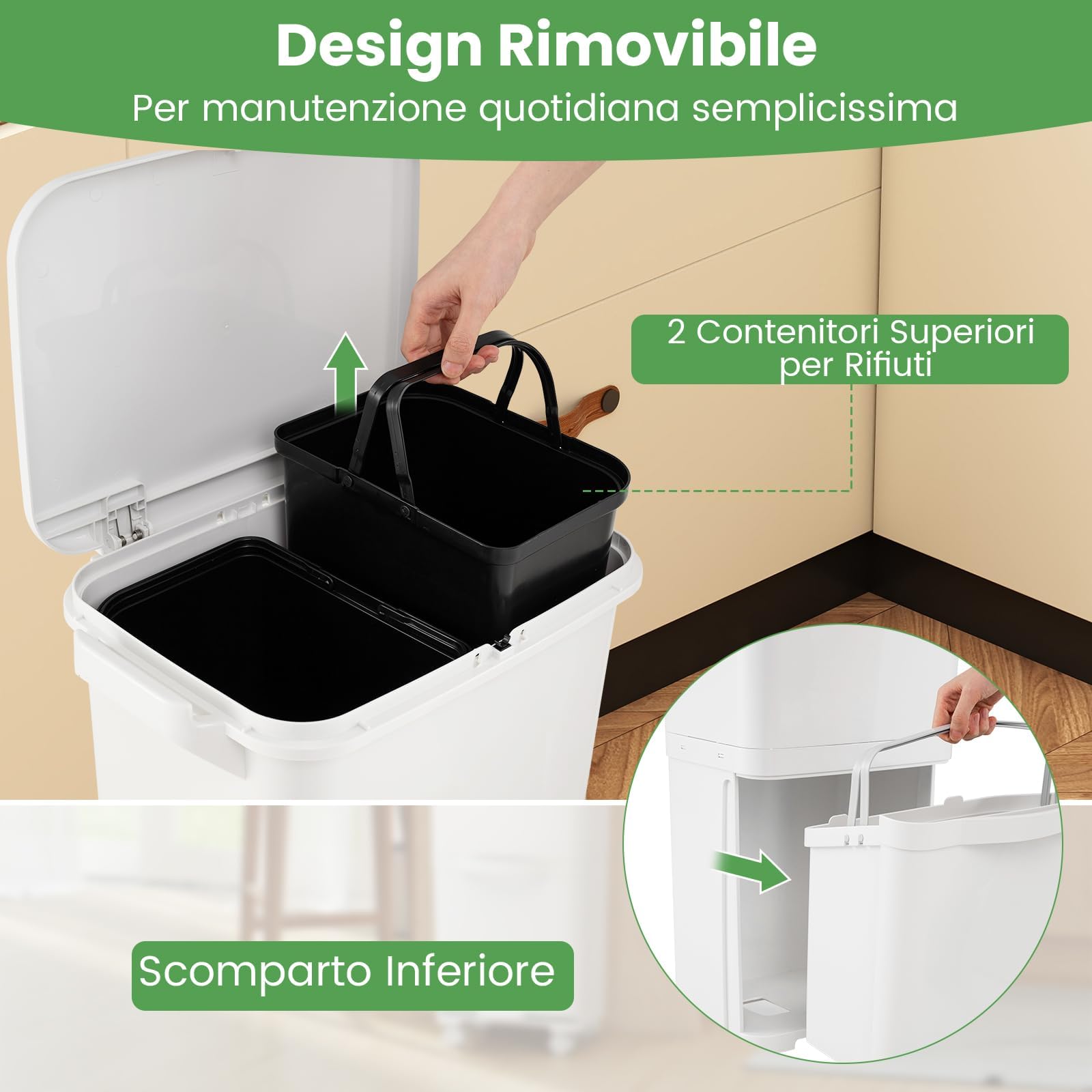 COSTWAY 40L Pattumiera Differenziata a 3 Scomparti, Bidone per Spazzatura con Cestino Rimovibile e 4 Ruote, Secchio Rifiuti a Pedale per Cucina Sala da Pranzo Soggiorno (Bianco)