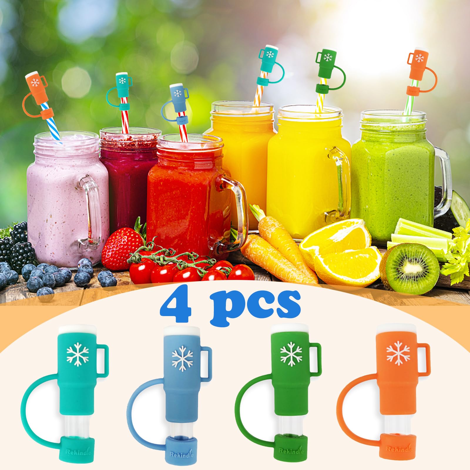 4Pcs Straw Cover Cap for Stanley 30&40 Oz Tumbler Cups with Handle, 4 in/10mm Diameter Cute Silicone Straw Covers Cap, Silicone Drinking Straw Tips Lids Protectors for Stanley Cups Accessories