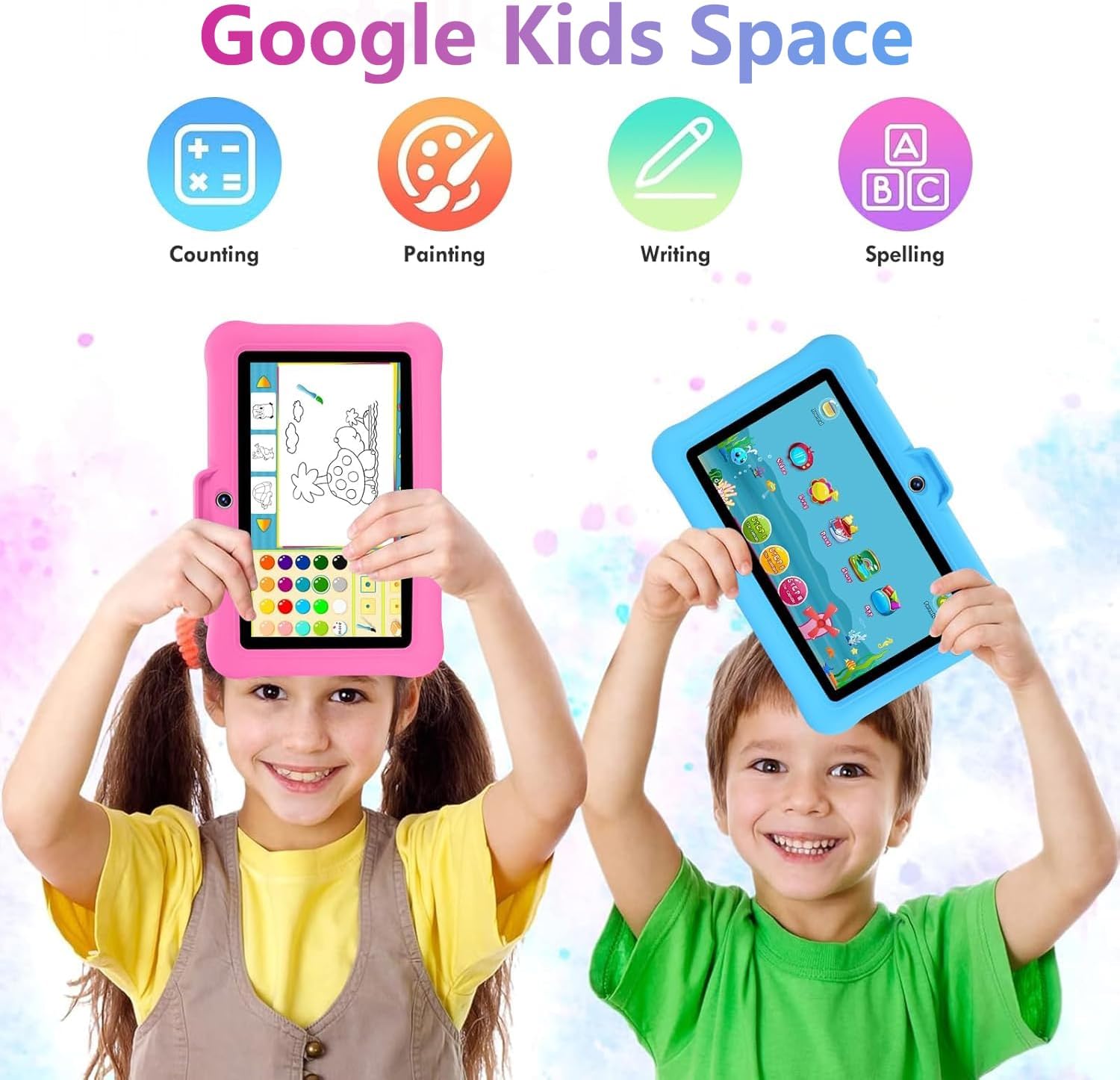 Two children, one with a pink tablet and one with a blue tablet, interacting with educational apps for counting, painting, writing, and spelling.
