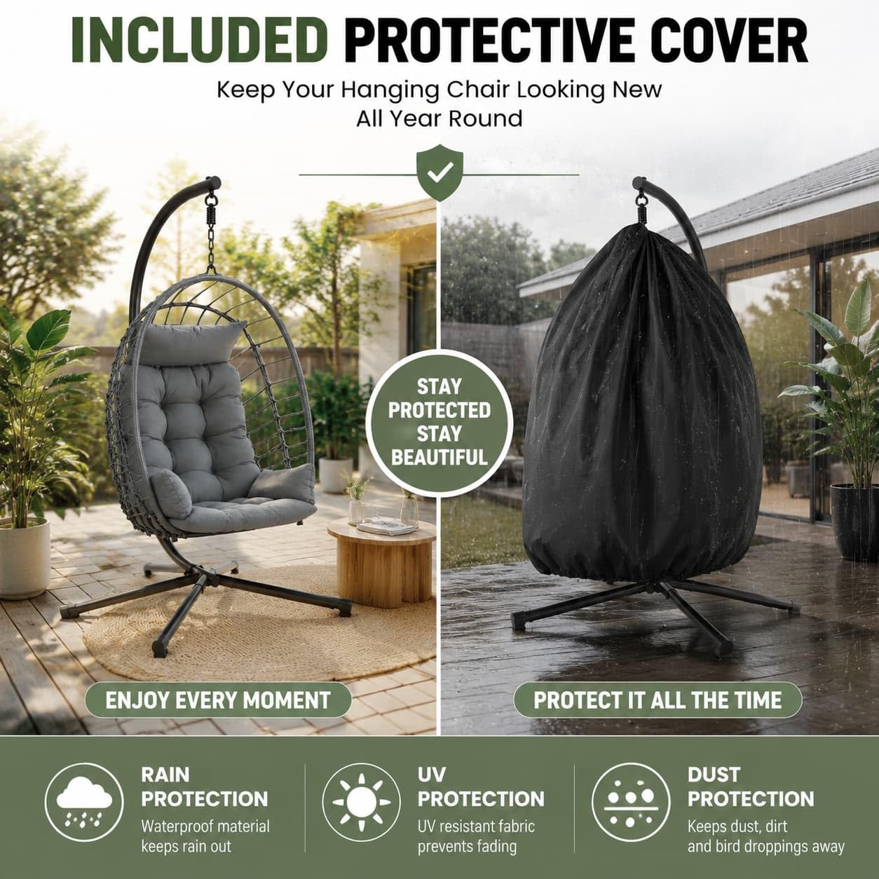 IDEALHOUSE Ei-Hängesessel grau aus Polyrattan mit Stahlrahmen – faltbar, wetterbeständig, bis 150 kg, inkl. schwarzer Schutzhülle – für Garten, Balkon, Terrasse & Indoor