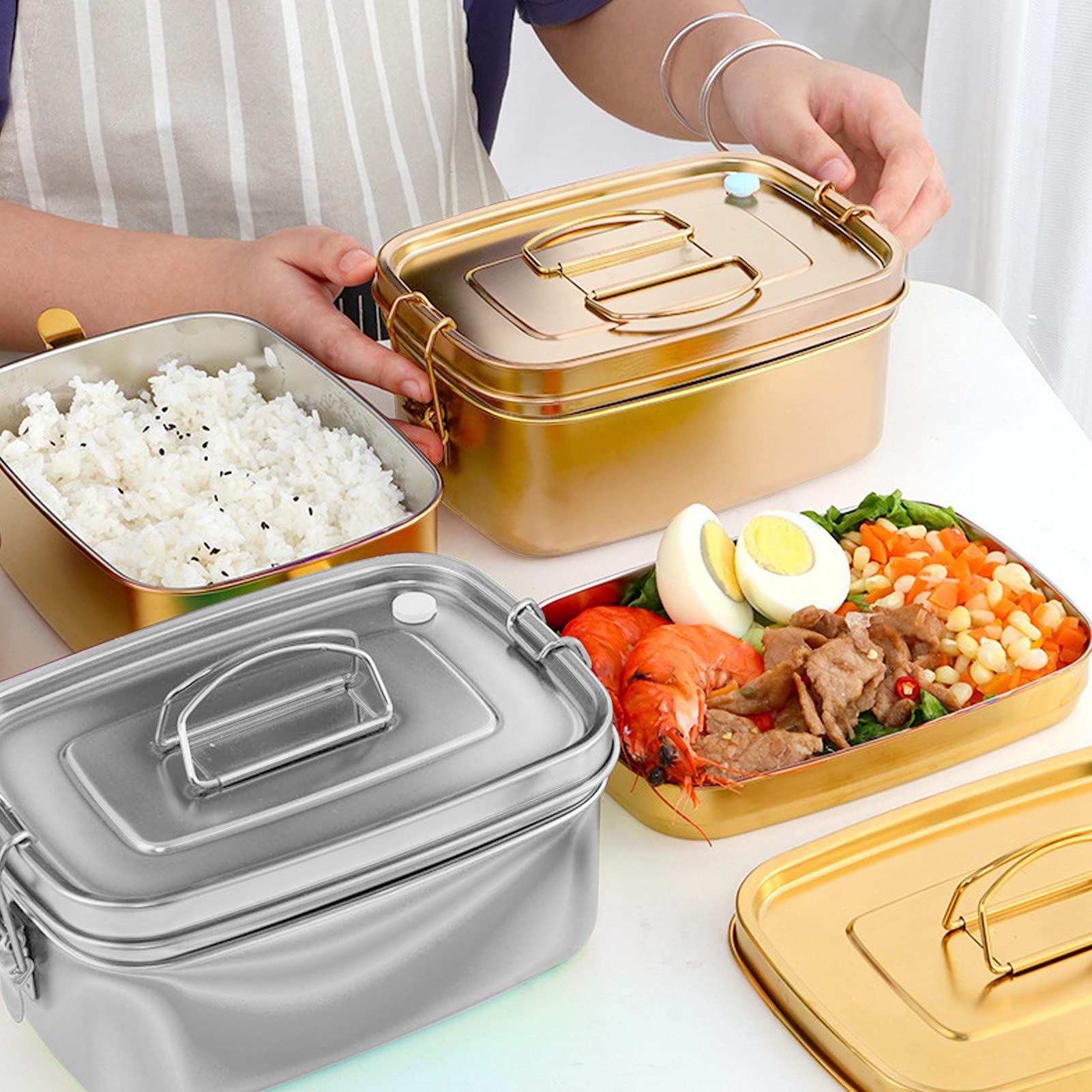 Pojemnik na lunch, 1.5L 2-warstwowy pojemnik na lunch przenośny pojemnik na żywność szczelny pojemnik na żywność Bento ze stali nierdzewnej 304 zastawa stołowa do domowego biura(Gold)