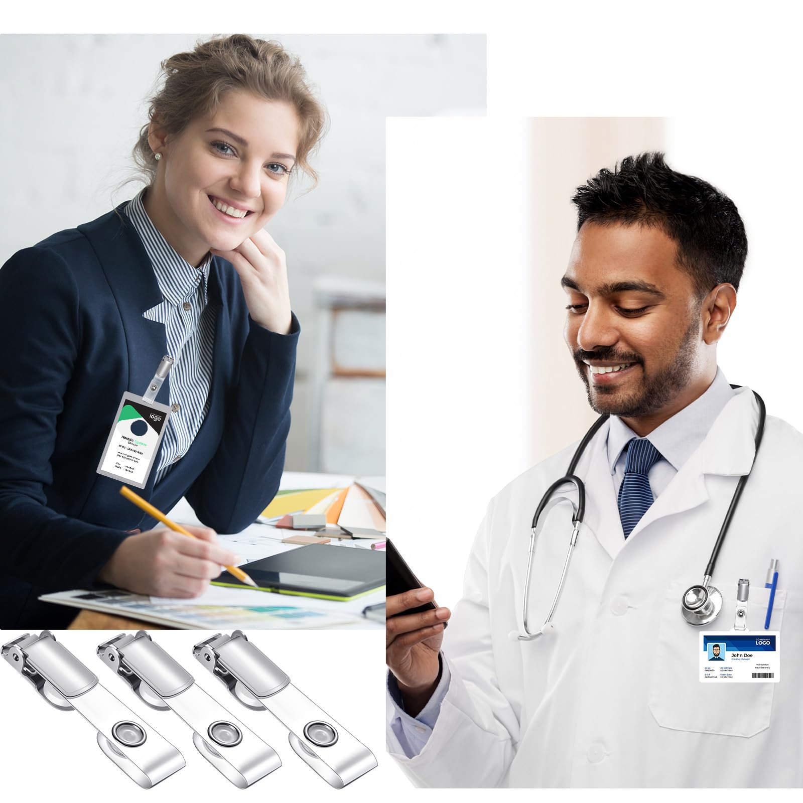 Photect Clip per Badge in Metallo con Cinturini in PVC Trasparenti Clip Portabadge con Bottone a Pressione per Carta Identità Distintivi di Lavoro Porta Targhetta con Nome(200 Pezzi)